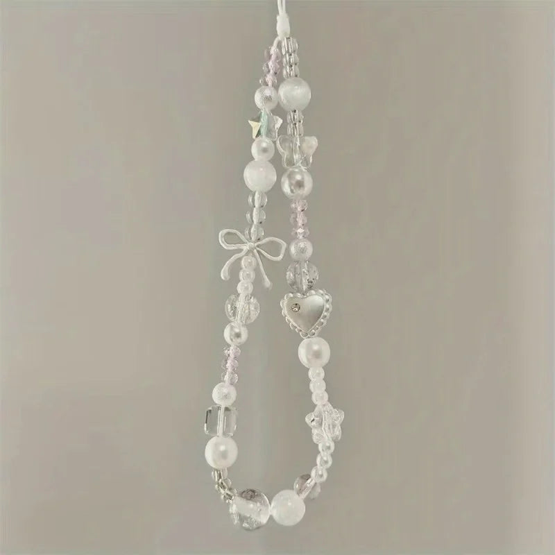 Korean Cute White Star Pearl Beads Phone Chain Trendy Pendant For iPhone Universal Accessories Lanyard Hanging Rope For Girl