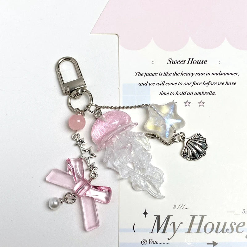Y2K Jellyfish Tassel Mobile Key Chain Jellyfish Beaded Phone Charm Keycord Korean Sea Shell Fish Beads Chain BackPack Keyring (Copy)