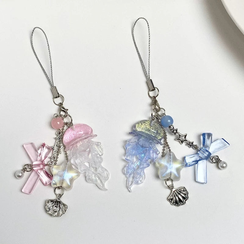 Y2K Jellyfish Tassel Mobile Key Chain Jellyfish Beaded Phone Charm Keycord Korean Sea Shell Fish Beads Chain BackPack Keyring (Copy)