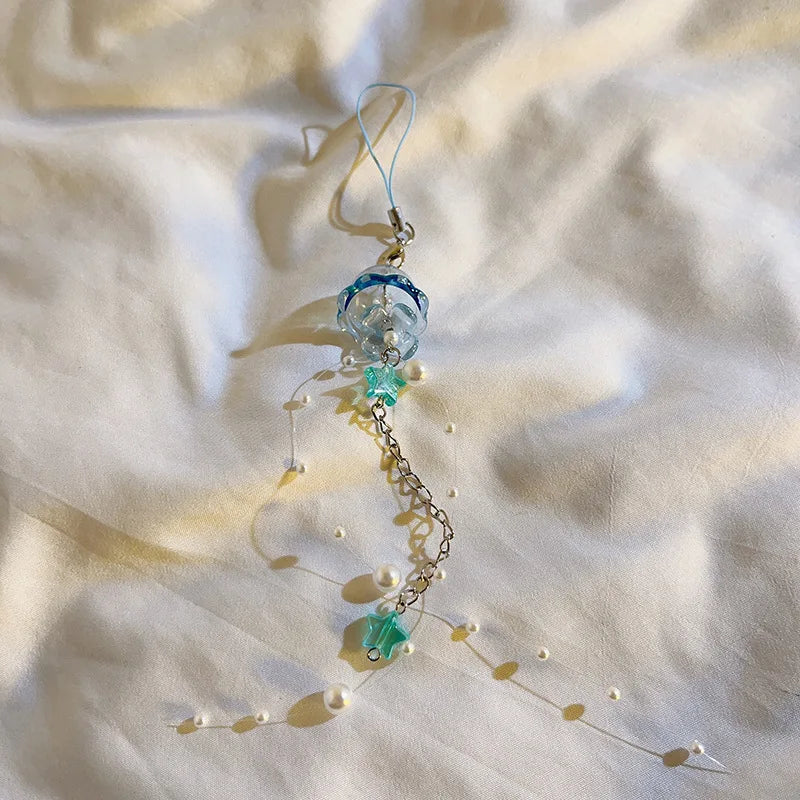 Y2K Jellyfish Tassel Mobile Key Chain Jellyfish Beaded Phone Charm Keycord Korean Sea Shell Fish Beads Chain BackPack Keyring (Copy)
