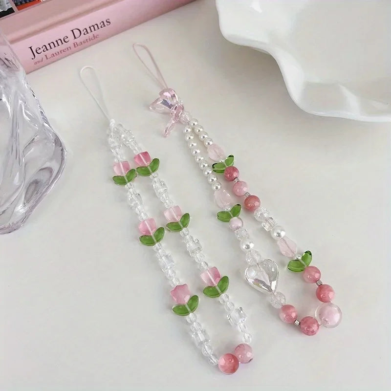Cute Peach Beaded Mobile Phone Charm Strap Chain, Women Sweet Girls Jewelry, Pearl Cellphone Flower Lanyard for iPhone Keychain