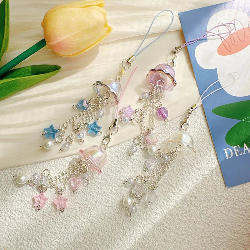 Y2K Purple Pink Jellyfish Key Chain Wind Chimes Star Heart Beaded Keyring for Phone Camera Earphone Case Charm Pendant Keycord