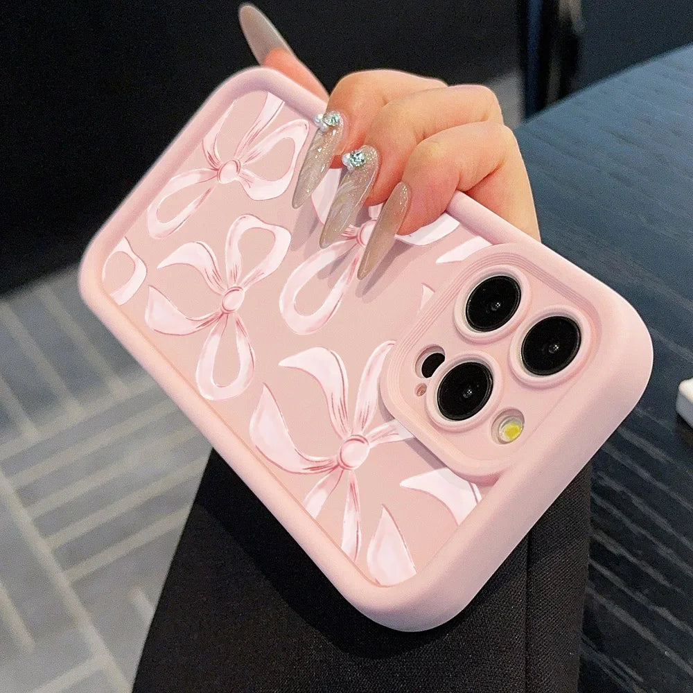 Ins Wind Pink Bow Pattern Phone Case For iPhone 17 16 15 14 13 12 11 PRO MAX Mini XR XSMax 7 8 Plus Creative Silicone Soft Cover