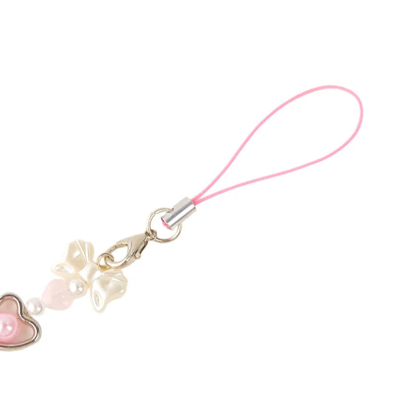 Y2K Pink Bowknot Heart Beaded Keychain Sweet Cute Mobile Phone Lanyard Fresh All-match Bag Pendant Purse Hanging Decoration
