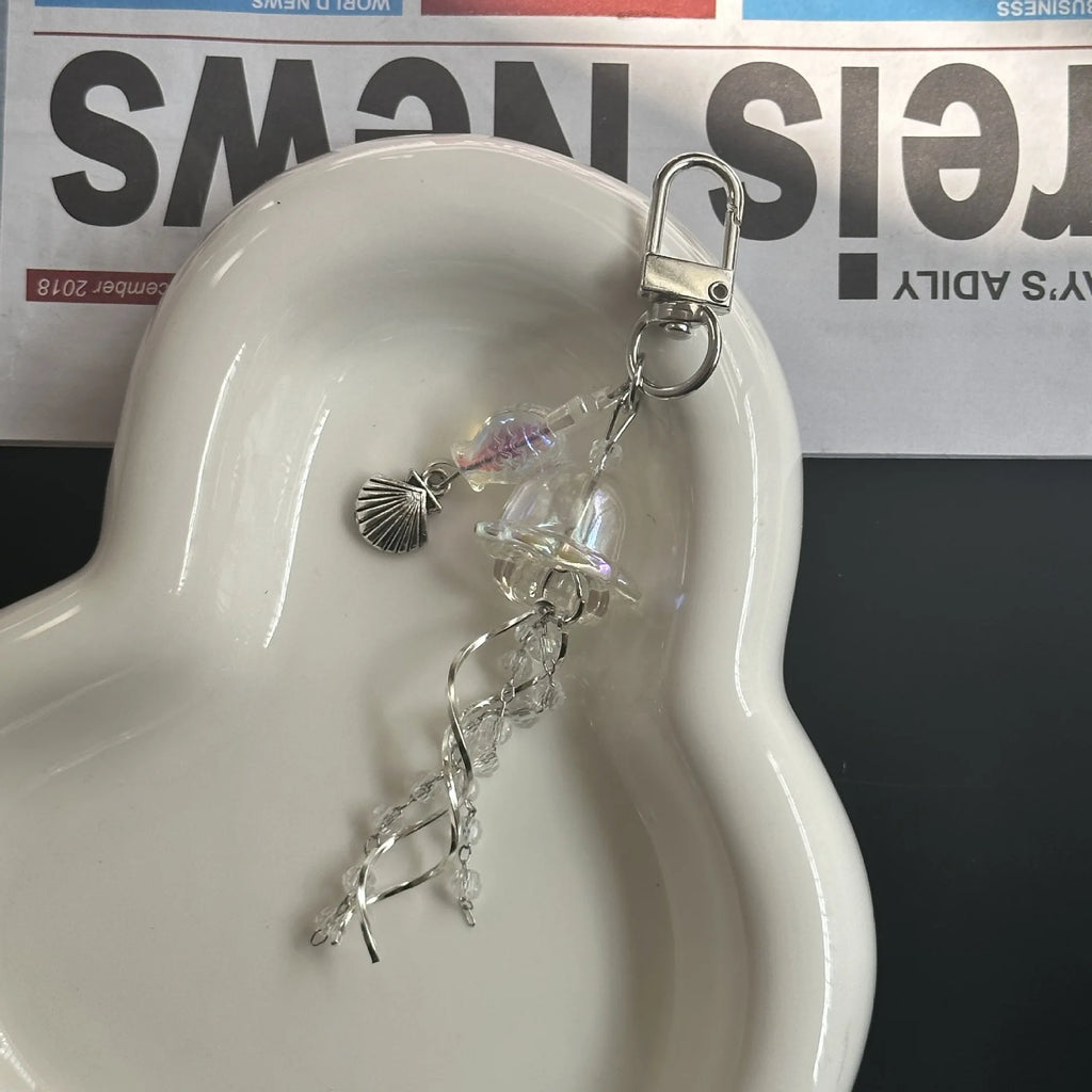 Y2K Jellyfish Tassel Mobile Key Chain Jellyfish Beaded Phone Charm Keycord Korean Sea Shell Fish Beads Chain BackPack Keyring (Copy)