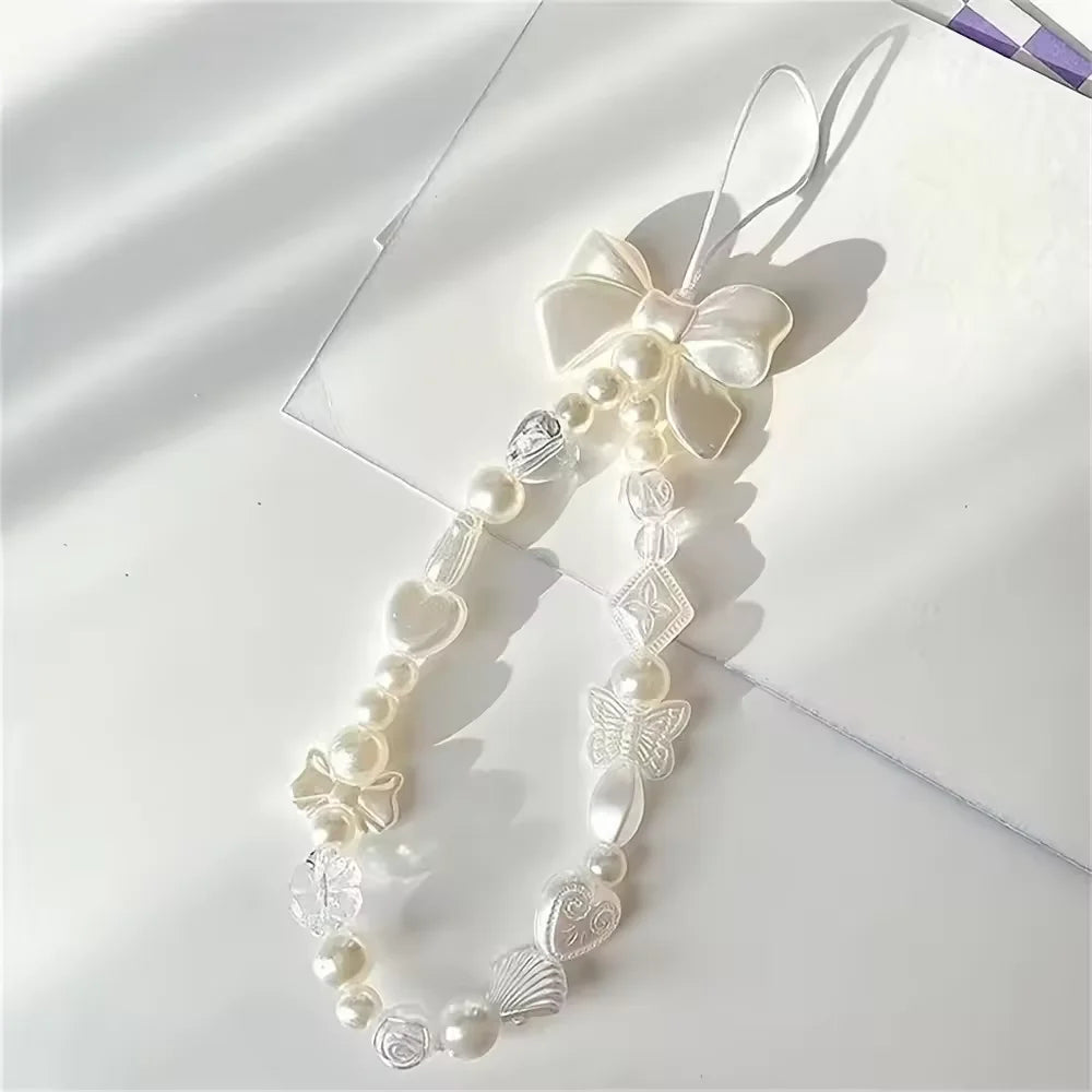 Fashion Cute Pearl Love Heart Bowknot Phone Chain Charm Lanyard For iPhone Samsung Huawei Universal Accessories Jewelry Pendant