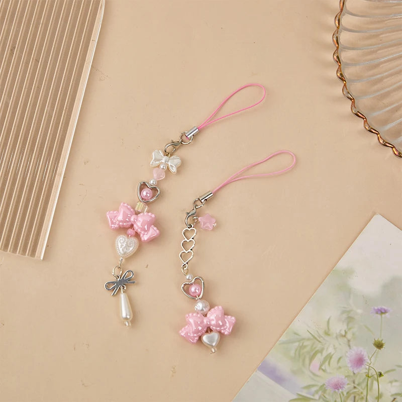 Y2K Pink Bowknot Heart Beaded Keychain Sweet Cute Mobile Phone Lanyard Fresh All-match Bag Pendant Purse Hanging Decoration