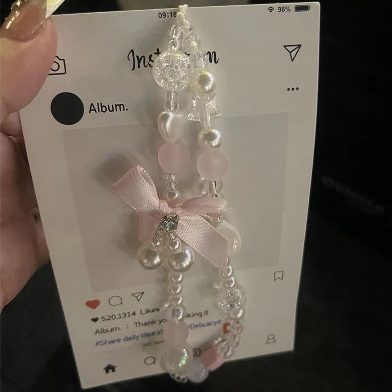 Korean Lovely Pink Bowknot White Beaded Phone Chain Charm Lanyard For iPhone Samsung Universal Accessories Jewelry Pendant