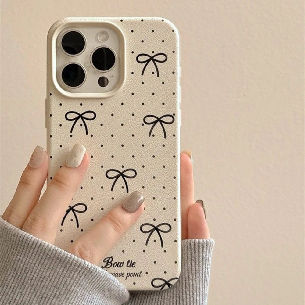 Cherry Phone Case For iPhone 16 Pro Max Case iPhone 14 13 15 11 12 17 Pro Max Plus Shockproof Soft Leather Cute Heart Bow Cover