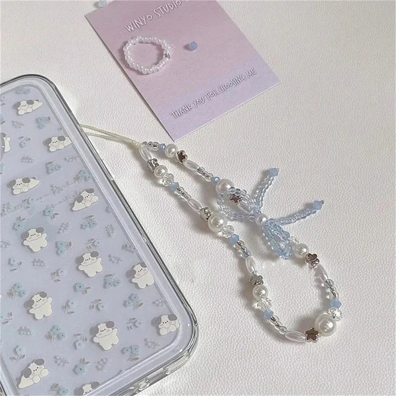 Korean Cute Bowknot Star Pearl Pendant Beaded Phone Charm For iPhone Accessrioes Universal Lanyard Girl Jewelry Hanging Rope