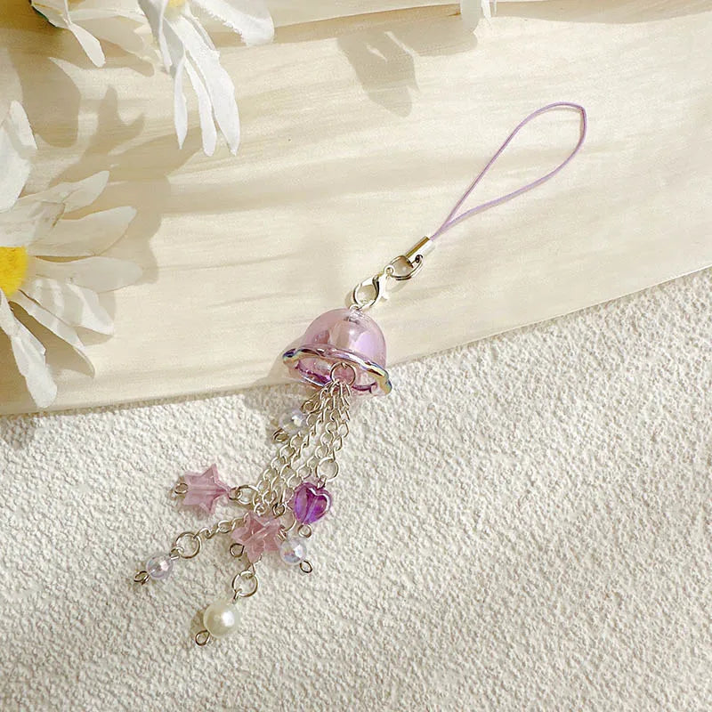 Y2K Purple Pink Jellyfish Key Chain Wind Chimes Star Heart Beaded Keyring for Phone Camera Earphone Case Charm Pendant Keycord