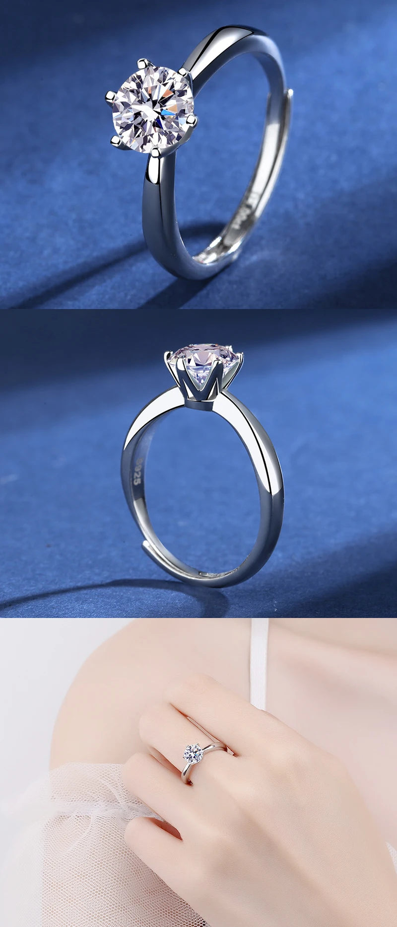 100% Real Moissanite Ring Adjustable Size S925 Sliver D VVS1 Pass Diamond Test Pen GRA Certificate 18K Plating Rings for Women (LZ)