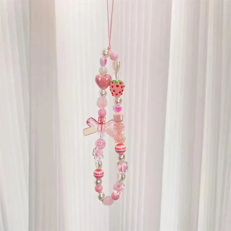 Sweet and Cute Pink Strawberry Mobile Strap Phone Chains For Women Pearl Chain Phone Pendant Charm Key Anti-Lost Lanyard Jewelry