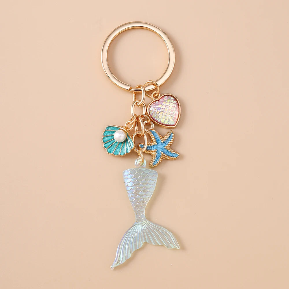 Fashion Mermaid Keychain Shell Starfish Key Ring Pendants for Women Girls Handbag Decor DIY Handmade Key Chain Gifts