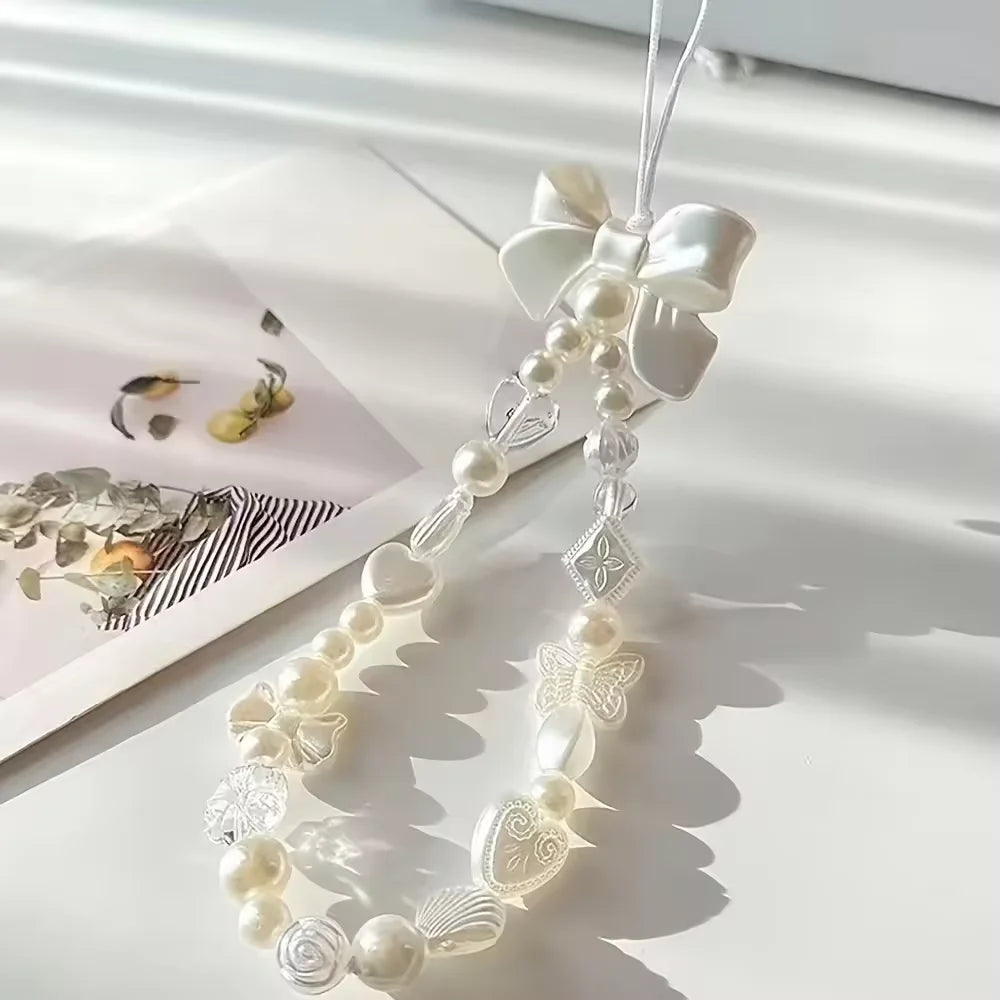 Fashion Cute Pearl Love Heart Bowknot Phone Chain Charm Lanyard For iPhone Samsung Huawei Universal Accessories Jewelry Pendant