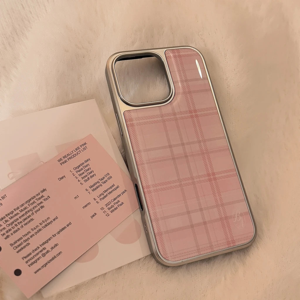 Sweet Pink Grid Pattern Drop Glue Cover Case for iPhone 16 15 14 13 12 11 Pro Max Plus Shockproof Protective Phone Case