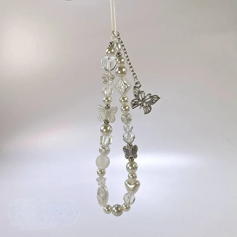 Cute Silver Butterfly Pearl Keychain on the Phone Charm Cute Lanyard Cell Phone Strap Pendant For Woman Mobile Accessories