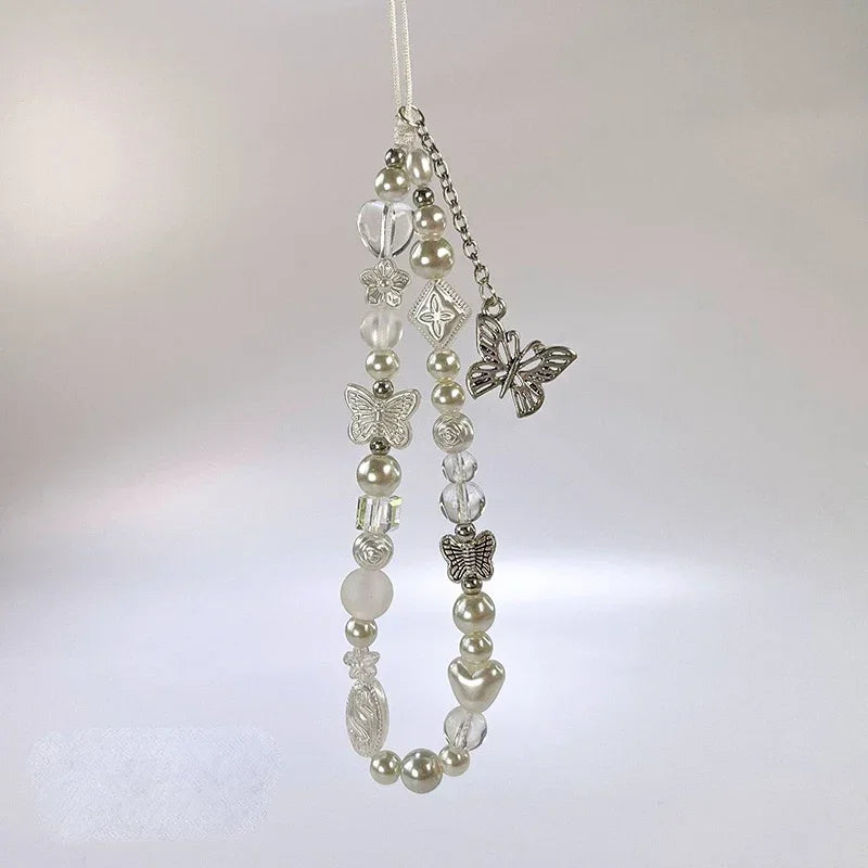 Cute Silver Butterfly Pearl Keychain on the Phone Charm Cute Lanyard Cell Phone Strap Pendant For Woman Mobile Accessories