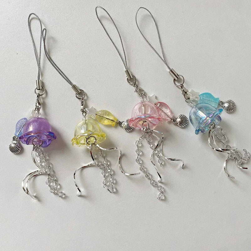 Y2K Jellyfish Tassel Mobile Key Chain Jellyfish Beaded Phone Charm Keycord Korean Sea Shell Fish Beads Chain BackPack Keyring (Copy)