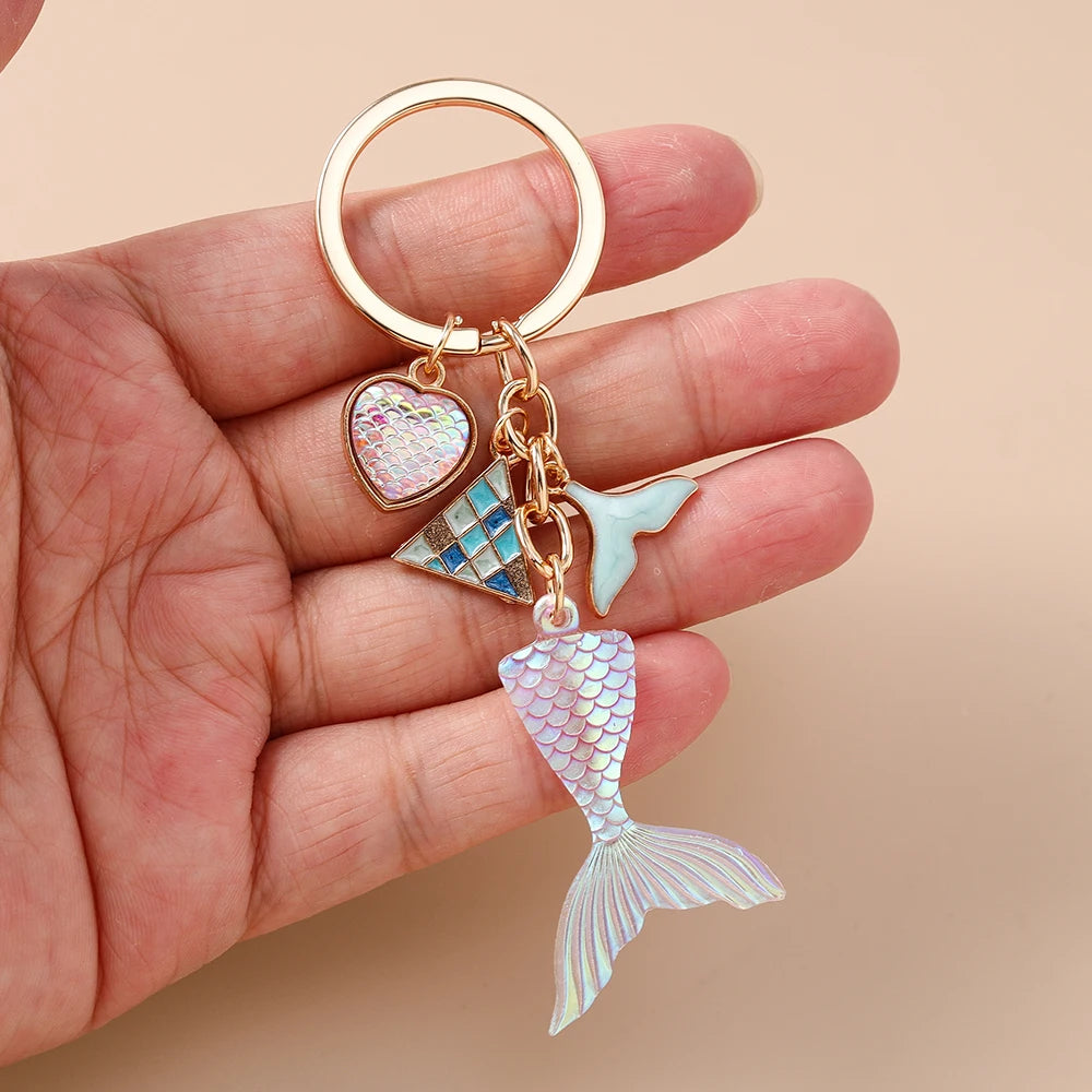 Fashion Mermaid Keychain Shell Starfish Key Ring Pendants for Women Girls Handbag Decor DIY Handmade Key Chain Gifts