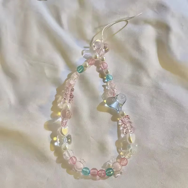 Cute Pink Love Heart Bowkont Beads Phone Chain Sweet Bear Hanging Rope Camera Lanyard Anti-lost Wrist Straps Bag Accessories
