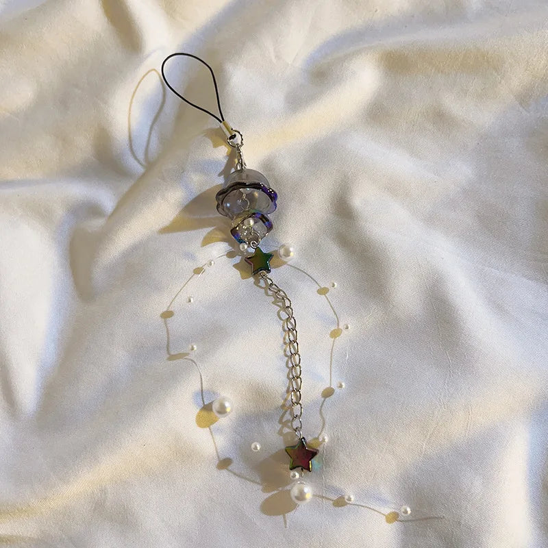 Y2K Jellyfish Tassel Mobile Key Chain Jellyfish Beaded Phone Charm Keycord Korean Sea Shell Fish Beads Chain BackPack Keyring (Copy)