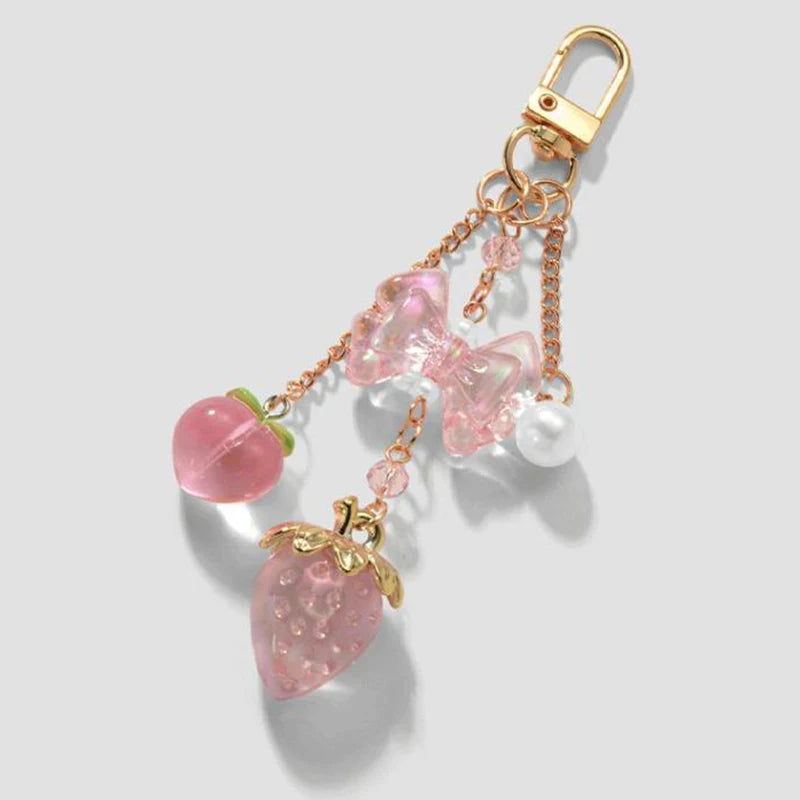 Y2K Bowknot Strawberry Keychain for Women Exquisite Sweet Flower Peach Bag Pendant Cute Romantic Accessorymobile Phone Chain