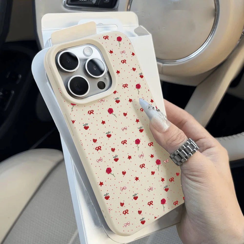 Cherry Phone Case For iPhone 16 Pro Max Case iPhone 14 13 15 11 12 17 Pro Max Plus Shockproof Soft Leather Cute Heart Bow Cover
