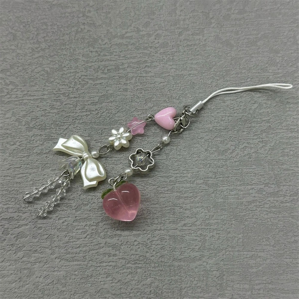 Pink Kawaii Y2K Peach Phone Charms Pendant Cute Bowknot Bead Handmade Sweet Girl Keychain For iPhone Camera New Chain Love Heart