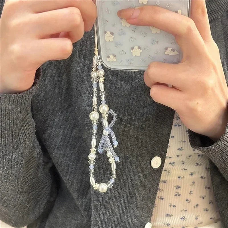 Korean Cute Bowknot Star Pearl Pendant Beaded Phone Charm For iPhone Accessrioes Universal Lanyard Girl Jewelry Hanging Rope