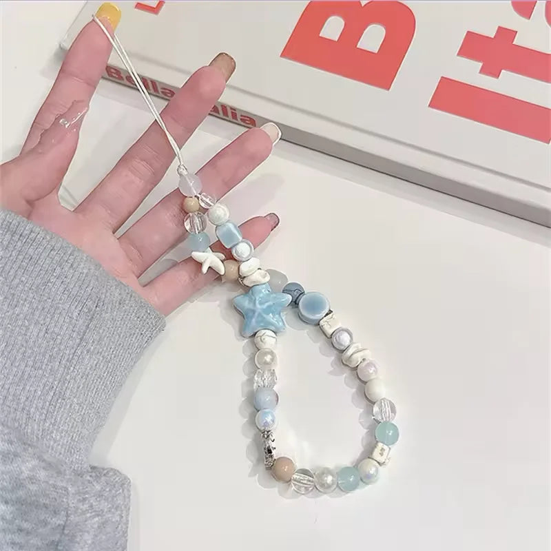 Korean Cartoon Cute 3D Blue Starfish Beaded Phone Chain Charm Lanyard For iPhone Samsung Universal Accessories Jewelry Pendant