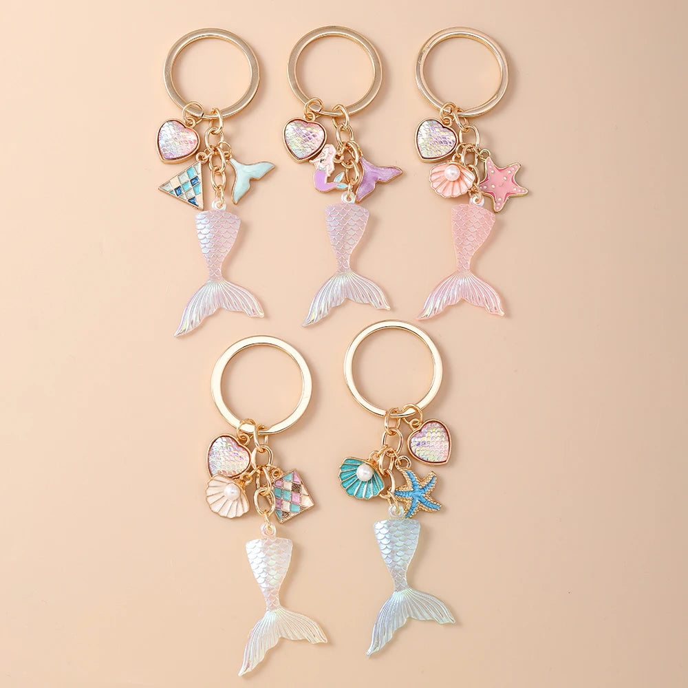 Fashion Mermaid Keychain Shell Starfish Key Ring Pendants for Women Girls Handbag Decor DIY Handmade Key Chain Gifts