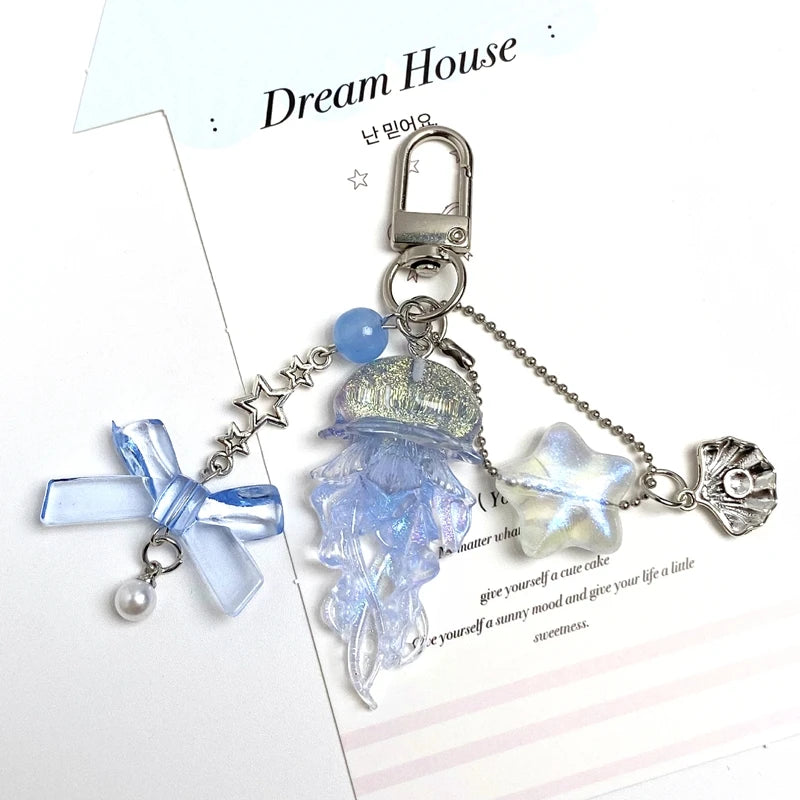 Y2K Jellyfish Tassel Mobile Key Chain Jellyfish Beaded Phone Charm Keycord Korean Sea Shell Fish Beads Chain BackPack Keyring (Copy)