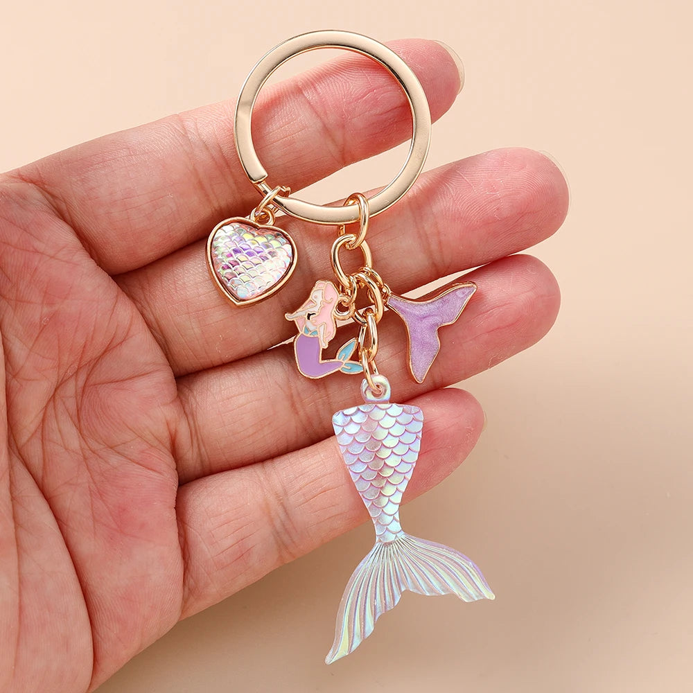 Fashion Mermaid Keychain Shell Starfish Key Ring Pendants for Women Girls Handbag Decor DIY Handmade Key Chain Gifts
