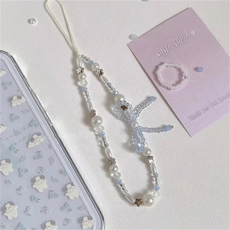 Korean Cute Bowknot Star Pearl Pendant Beaded Phone Charm For iPhone Accessrioes Universal Lanyard Girl Jewelry Hanging Rope
