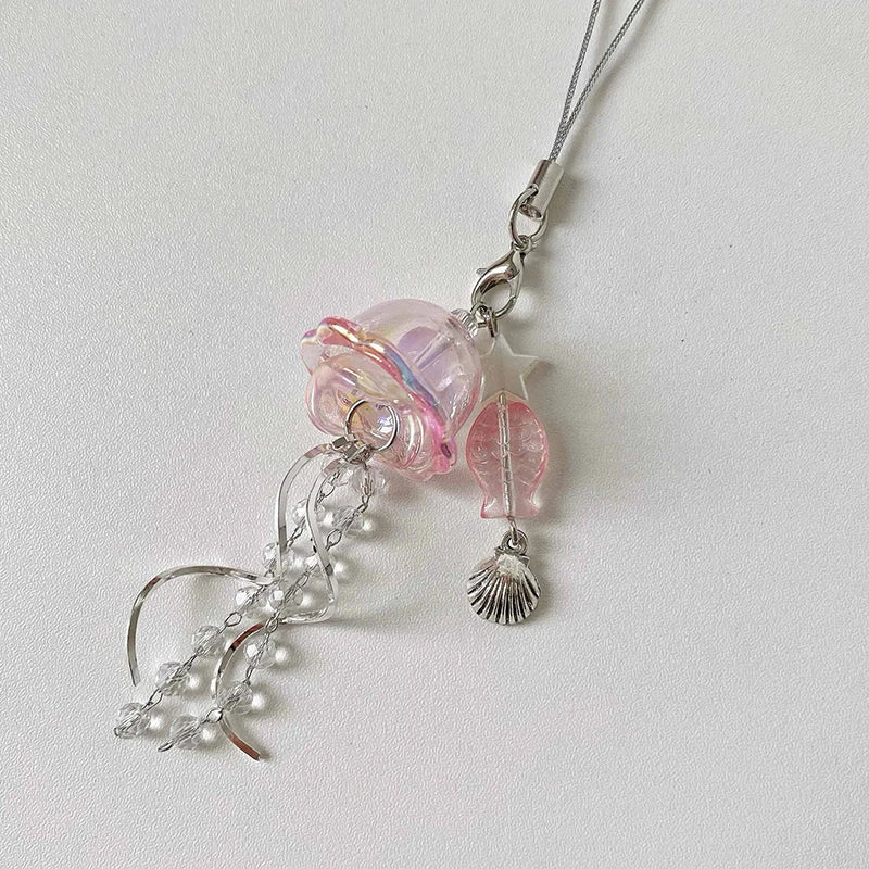 Y2K Jellyfish Tassel Mobile Key Chain Jellyfish Beaded Phone Charm Keycord Korean Sea Shell Fish Beads Chain BackPack Keyring (Copy)