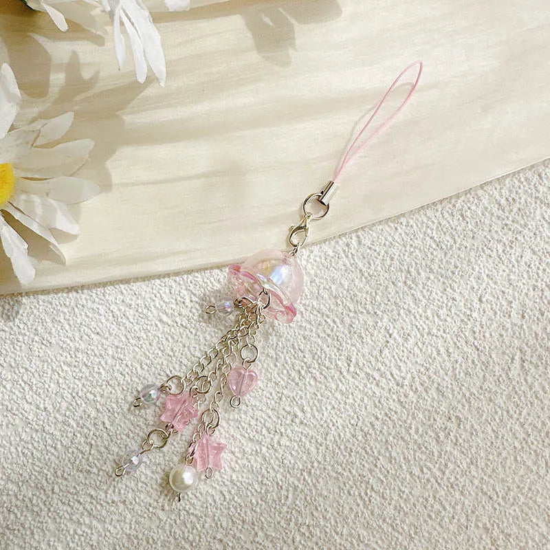 Y2K Purple Pink Jellyfish Key Chain Wind Chimes Star Heart Beaded Keyring for Phone Camera Earphone Case Charm Pendant Keycord