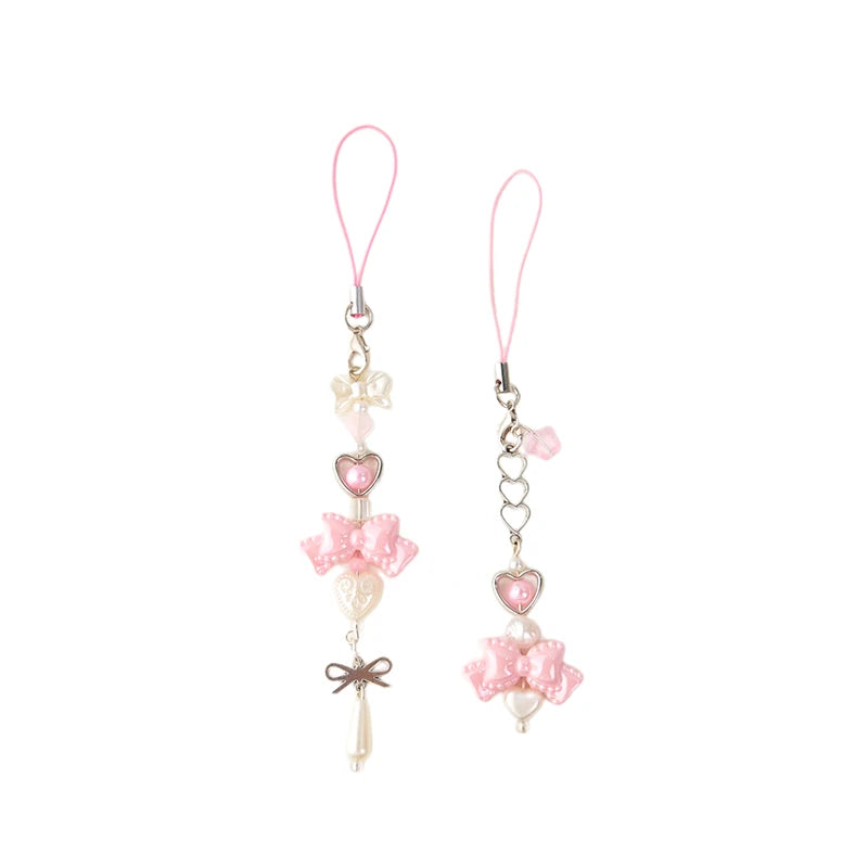 Y2K Pink Bowknot Heart Beaded Keychain Sweet Cute Mobile Phone Lanyard Fresh All-match Bag Pendant Purse Hanging Decoration