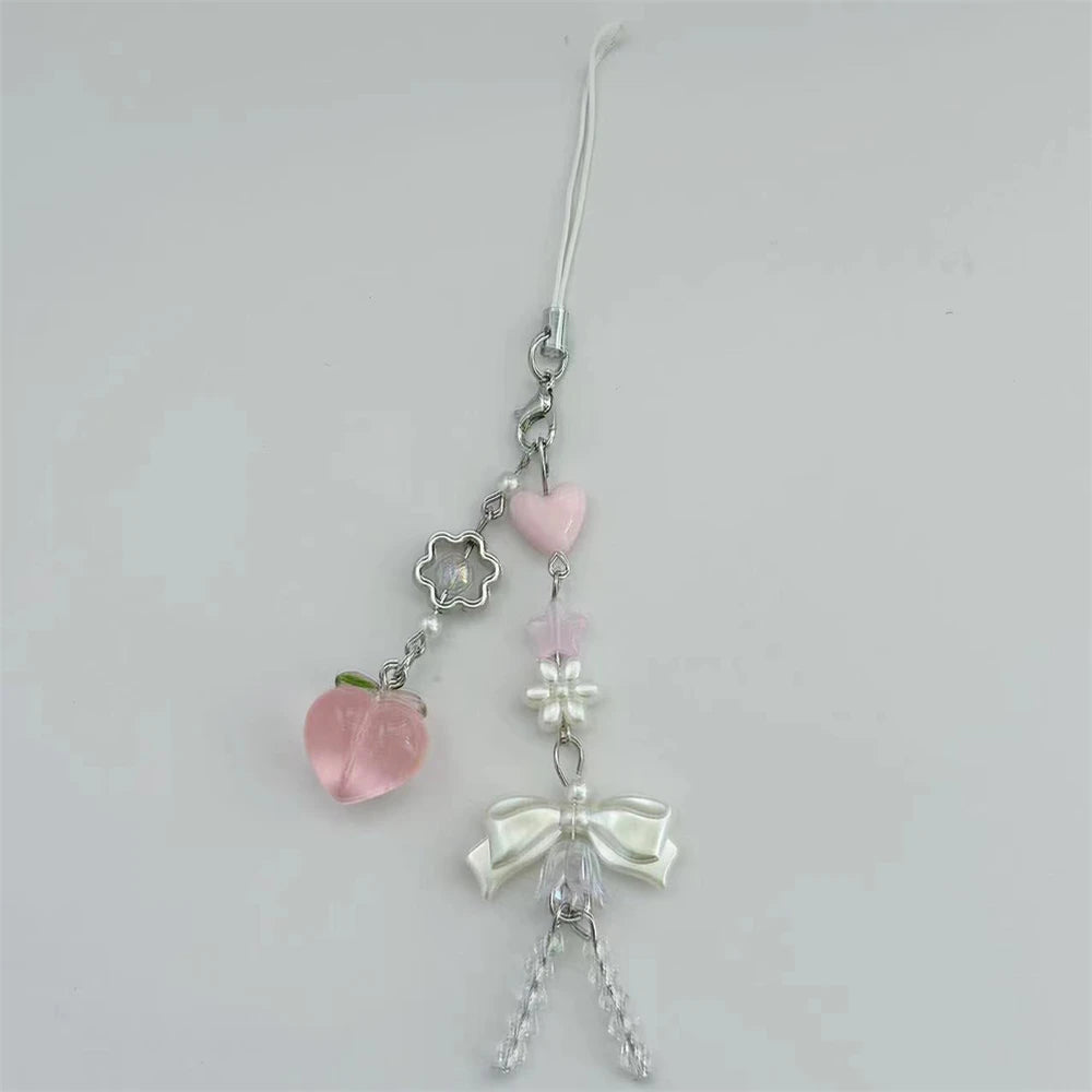 Pink Kawaii Y2K Peach Phone Charms Pendant Cute Bowknot Bead Handmade Sweet Girl Keychain For iPhone Camera New Chain Love Heart