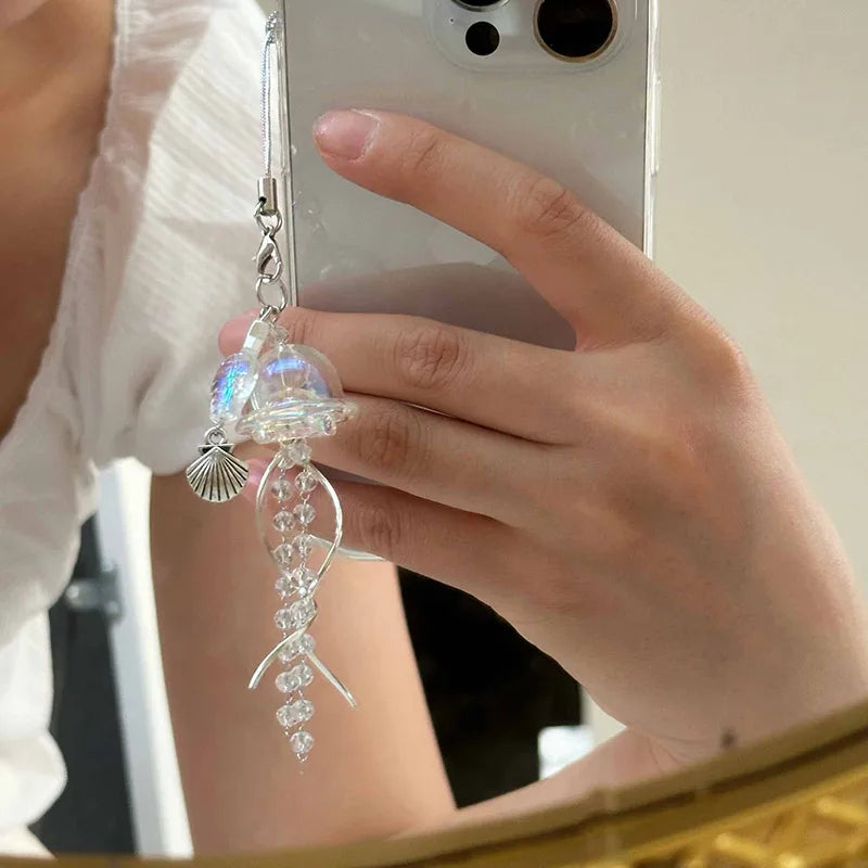 Y2K Jellyfish Tassel Mobile Key Chain Jellyfish Beaded Phone Charm Keycord Korean Sea Shell Fish Beads Chain BackPack Keyring (Copy)