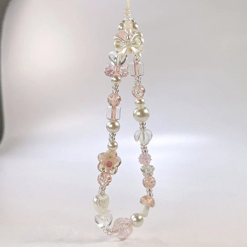 Cute Glass Bowknot Flower Bead Phone Strap Charm Chain Knot Cellphone Lanyard Keychain Girl Bag Camera Pendant for Airpods Case