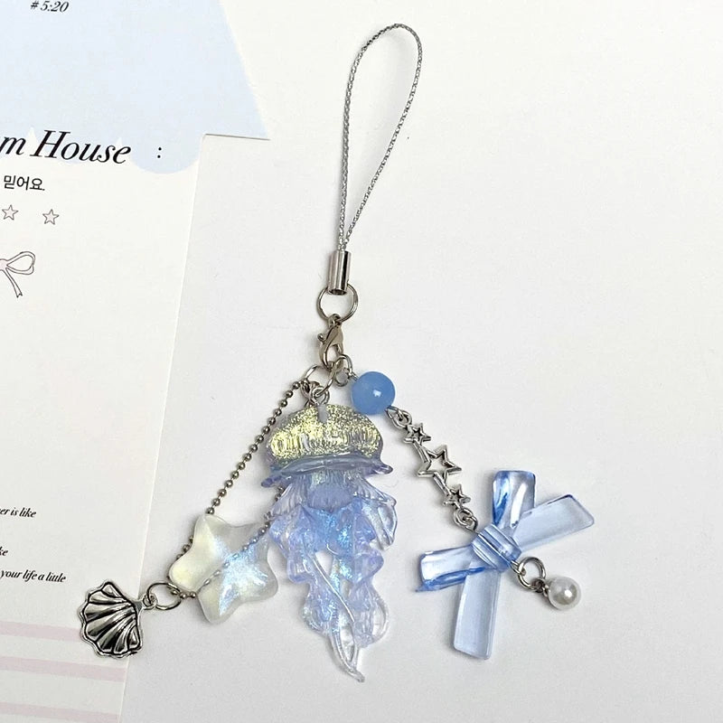 Y2K Jellyfish Tassel Mobile Key Chain Jellyfish Beaded Phone Charm Keycord Korean Sea Shell Fish Beads Chain BackPack Keyring (Copy)