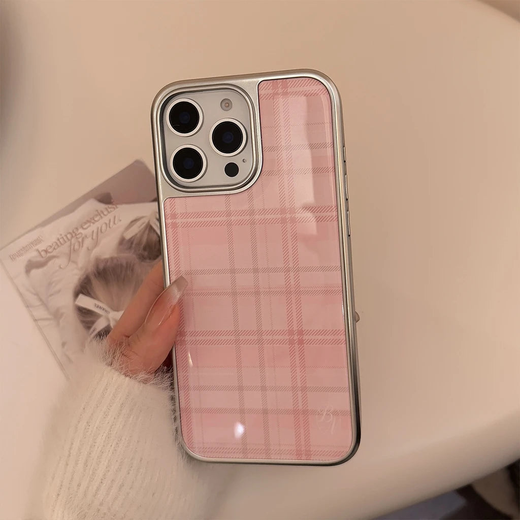 Sweet Pink Grid Pattern Drop Glue Cover Case for iPhone 16 15 14 13 12 11 Pro Max Plus Shockproof Protective Phone Case