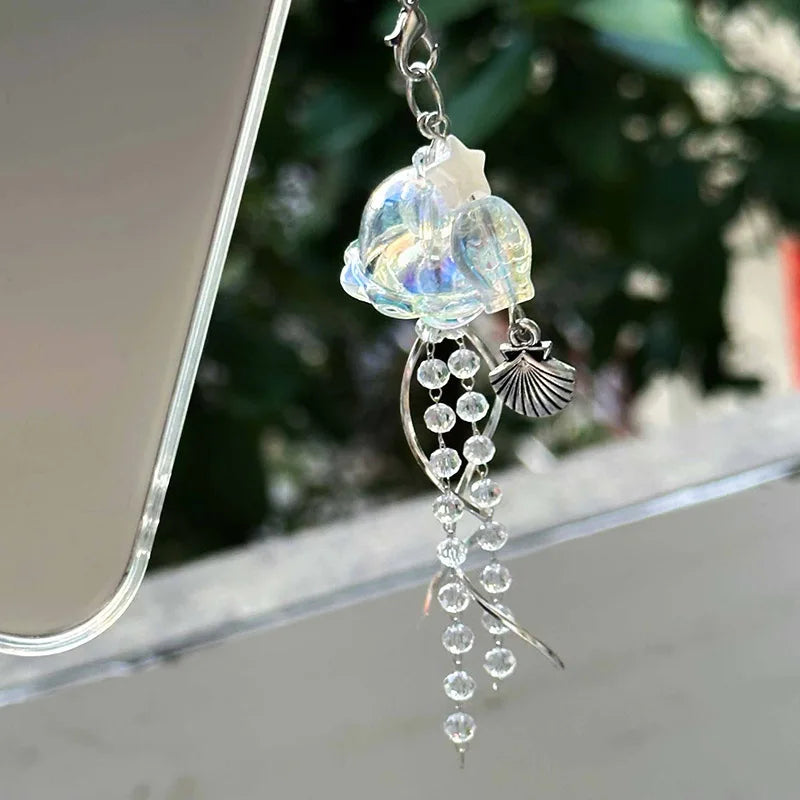 Y2K Jellyfish Tassel Mobile Key Chain Jellyfish Beaded Phone Charm Keycord Korean Sea Shell Fish Beads Chain BackPack Keyring (Copy)