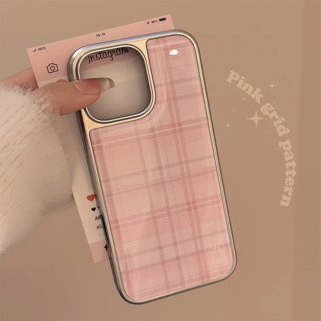 Sweet Pink Grid Pattern Drop Glue Cover Case for iPhone 16 15 14 13 12 11 Pro Max Plus Shockproof Protective Phone Case
