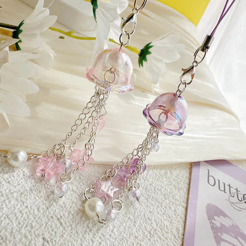 Y2K Purple Pink Jellyfish Key Chain Wind Chimes Star Heart Beaded Keyring for Phone Camera Earphone Case Charm Pendant Keycord