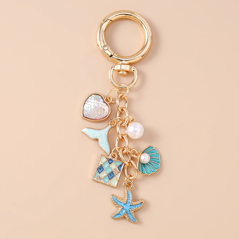 Fashion Mermaid Keychain Shell Starfish Key Ring Pendants for Women Girls Handbag Decor DIY Handmade Key Chain Gifts