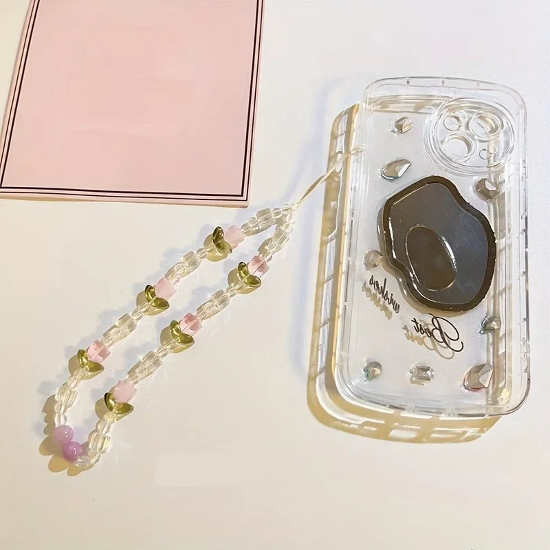 Cute Peach Beaded Mobile Phone Charm Strap Chain, Women Sweet Girls Jewelry, Pearl Cellphone Flower Lanyard for iPhone Keychain