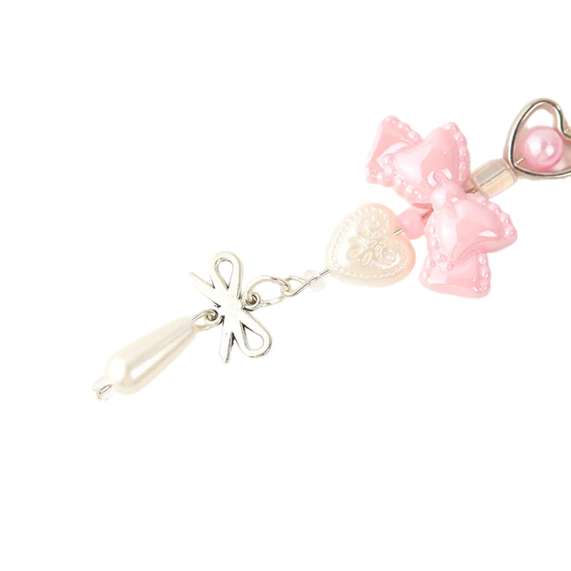 Y2K Pink Bowknot Heart Beaded Keychain Sweet Cute Mobile Phone Lanyard Fresh All-match Bag Pendant Purse Hanging Decoration