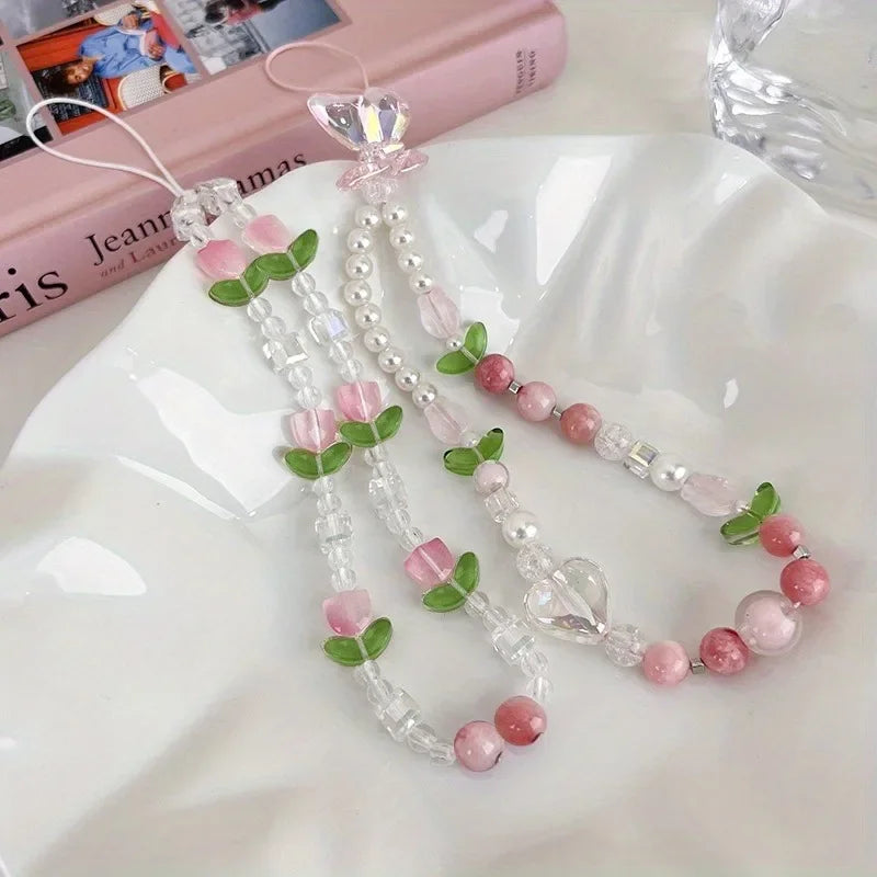 Cute Peach Beaded Mobile Phone Charm Strap Chain, Women Sweet Girls Jewelry, Pearl Cellphone Flower Lanyard for iPhone Keychain